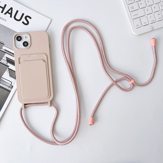For iPhone 14 Pro Crossbody Lanyard Elastic Silicone Card Holder Phone Case(Pink)