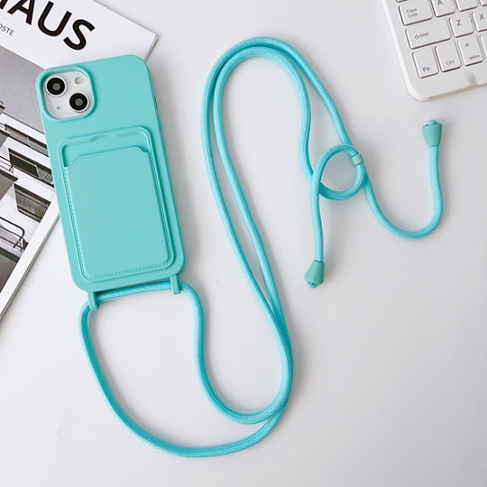 For iPhone 13 Crossbody Lanyard Elastic Silicone Card Holder Phone Case(Sky Blue)