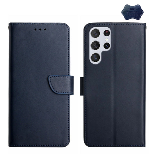 For Samsung Galaxy S23 Ultra 5G Genuine Leather Fingerprint-proof Flip Phone Case(Blue)
