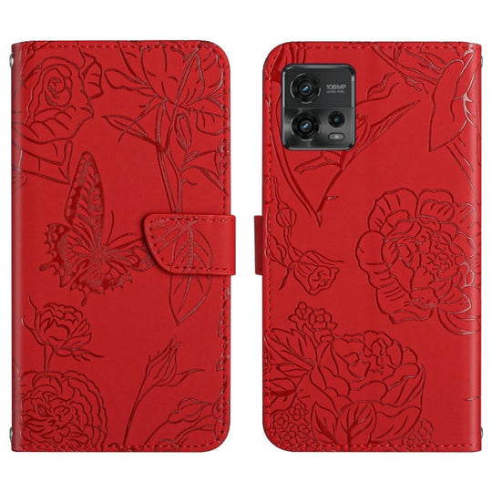 For Motorola Moto G72 4G HT03 Skin Feel Butterfly Embossed Flip Leather Phone Case(Red)