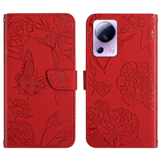 For Xiaomi 12 Lite NE HT03 Skin Feel Butterfly Embossed Flip Leather Phone Case(Red)