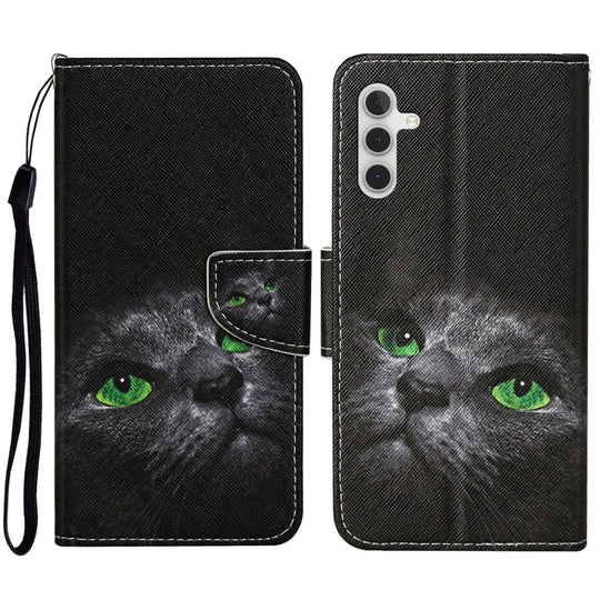 For Samsung Galaxy A14 5G Colored Drawing Pattern Leather Phone Case(Black Cat)