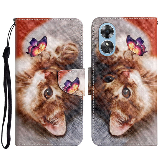 For OPPO A17 Colored Drawing Pattern Leather Phone Case(Butterfly Cat)
