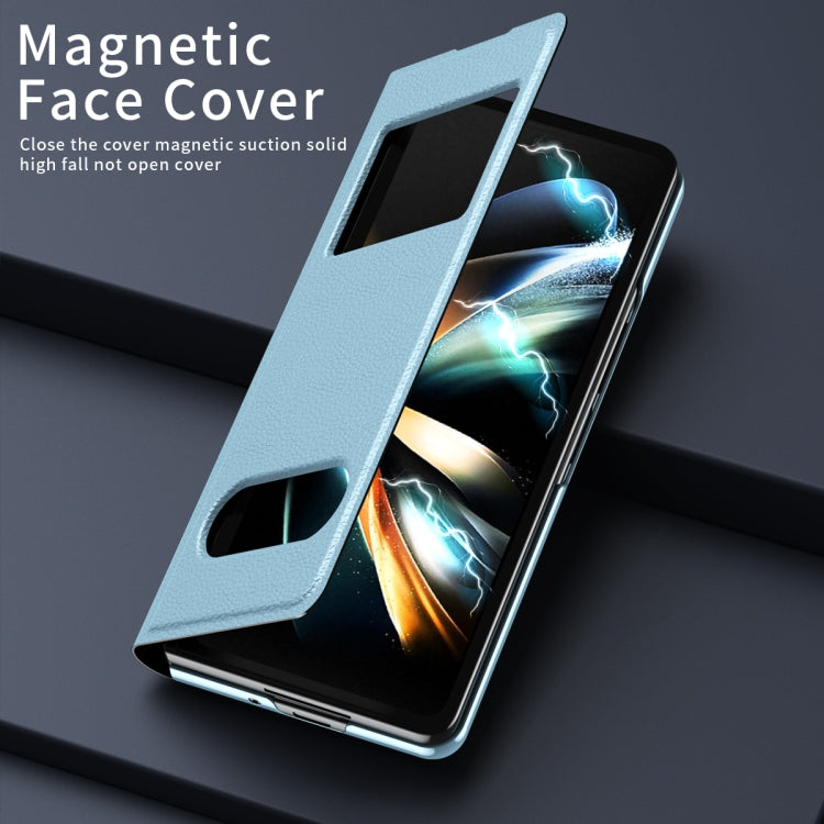 For Samsung Galaxy Z Fold3 5G Mature Window View Flip Leather Phone Case(Blue Lychee) - Galaxy Phone Cases by buy2fix | Online Shopping UK | buy2fix