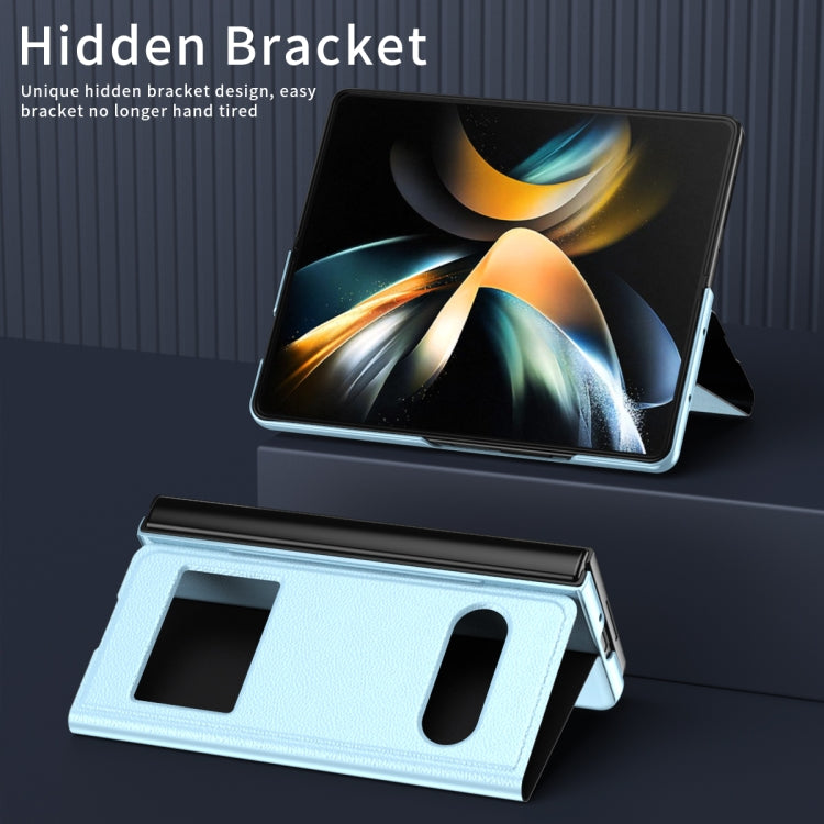 For Samsung Galaxy Z Fold2 5G Mature Window View Flip Leather Phone Case(Blue Lychee) - Galaxy Phone Cases by buy2fix | Online Shopping UK | buy2fix