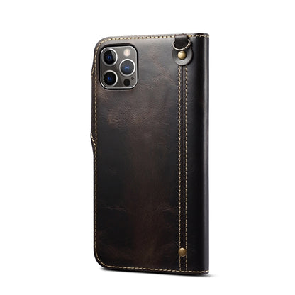 For iPhone 14 Pro Max Denior Oil Wax Cowhide Magnetic Button Genuine Leather Case(Black) - iPhone 14 Pro Max Cases by Denior | Online Shopping UK | buy2fix