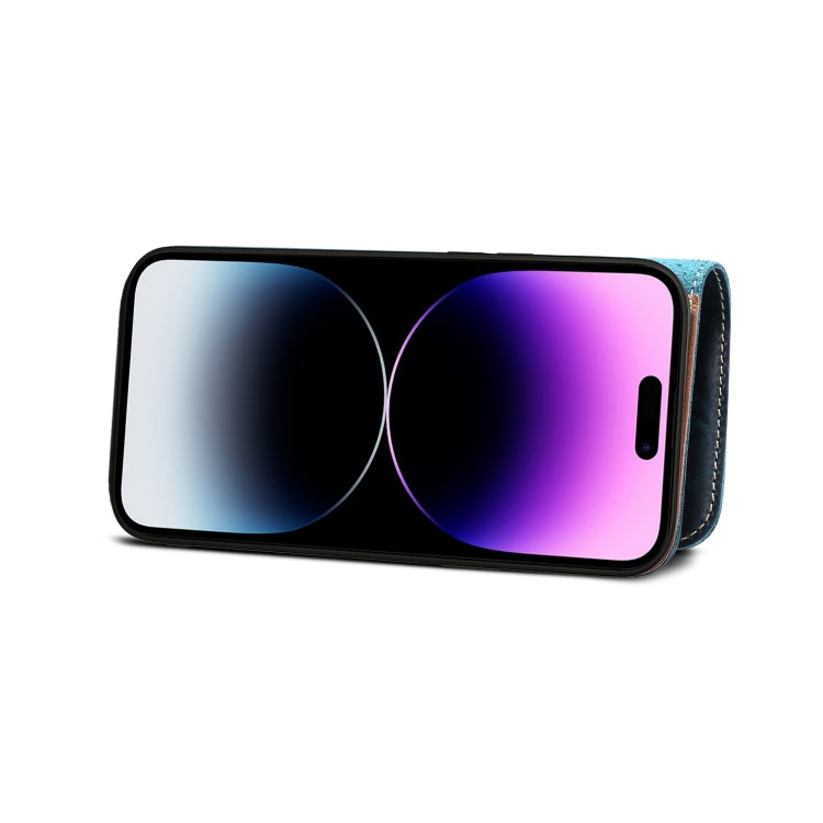 For iPhone 14 Pro Max Denior Oil Wax Cowhide Magnetic Button Genuine Leather Case(Dark Blue) - iPhone 14 Pro Max Cases by Denior | Online Shopping UK | buy2fix