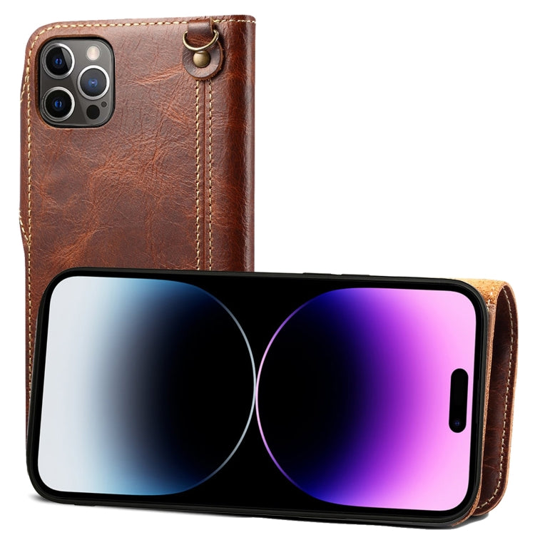 For iPhone 14 Pro Max Denior Oil Wax Cowhide Magnetic Button Genuine Leather Case(Brown) - iPhone 14 Pro Max Cases by Denior | Online Shopping UK | buy2fix