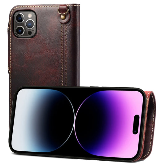 For iPhone 14 Pro Max Denior Oil Wax Cowhide Magnetic Button Genuine Leather Case(Dark Red) - iPhone 14 Pro Max Cases by Denior | Online Shopping UK | buy2fix