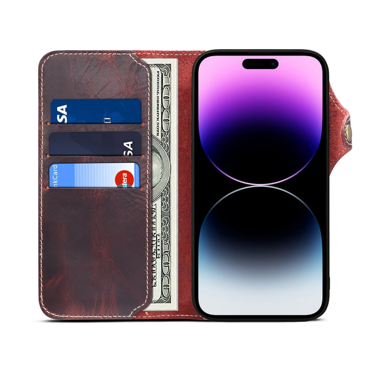 For iPhone 14 Pro Max Denior Oil Wax Cowhide Magnetic Button Genuine Leather Case(Dark Red) - iPhone 14 Pro Max Cases by Denior | Online Shopping UK | buy2fix