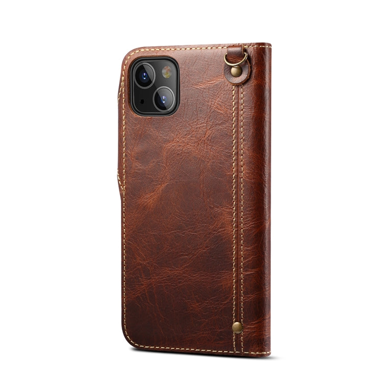 For iPhone 14 Denior Oil Wax Cowhide Magnetic Button Genuine Leather Case(Brown) - iPhone 14 Cases by Denior | Online Shopping UK | buy2fix