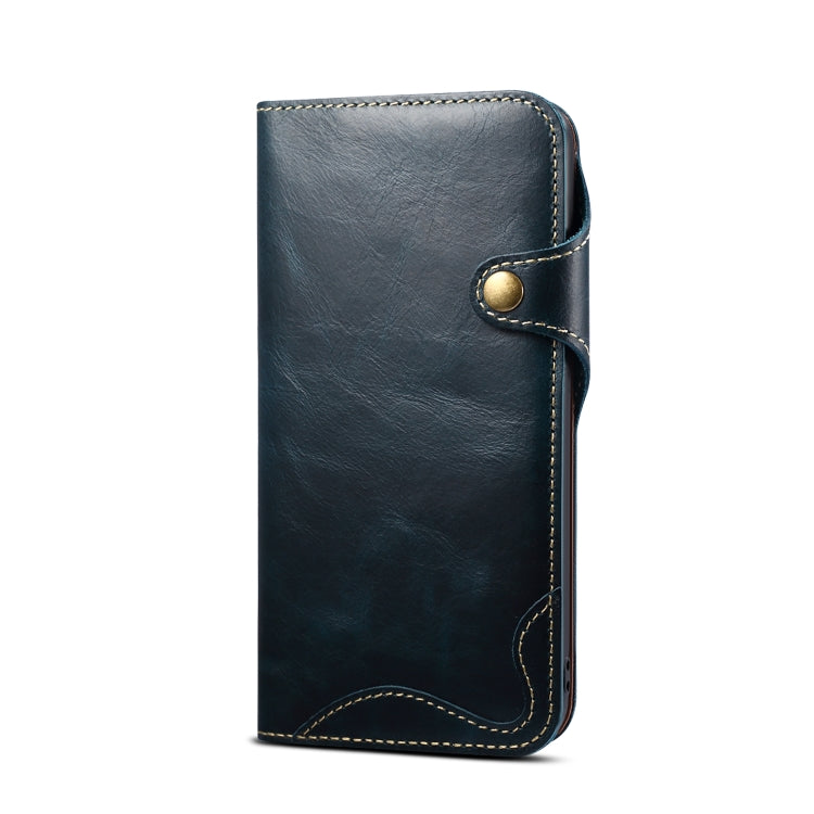 For iPhone 14 Plus Denior Oil Wax Cowhide Magnetic Button Genuine Leather Case(Dark Blue) - iPhone 14 Plus Cases by Denior | Online Shopping UK | buy2fix