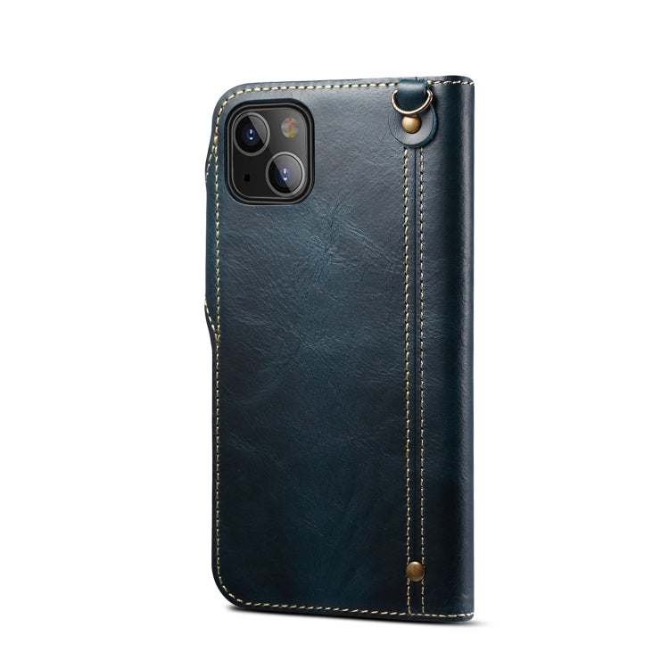 For iPhone 14 Plus Denior Oil Wax Cowhide Magnetic Button Genuine Leather Case(Dark Blue) - iPhone 14 Plus Cases by Denior | Online Shopping UK | buy2fix