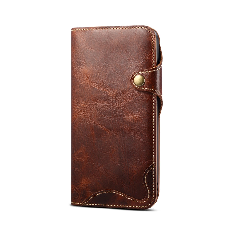 For iPhone 14 Plus Denior Oil Wax Cowhide Magnetic Button Genuine Leather Case(Brown) - iPhone 14 Plus Cases by Denior | Online Shopping UK | buy2fix