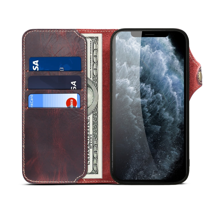 For iPhone 13 Pro Max Denior Oil Wax Cowhide Magnetic Button Genuine Leather Case(Dark Red) - iPhone 13 Pro Max Cases by Denior | Online Shopping UK | buy2fix