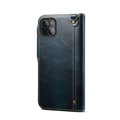 For iPhone 13 mini Denior Oil Wax Cowhide Magnetic Button Genuine Leather Case(Dark Blue) - iPhone 13 mini Cases by Denior | Online Shopping UK | buy2fix