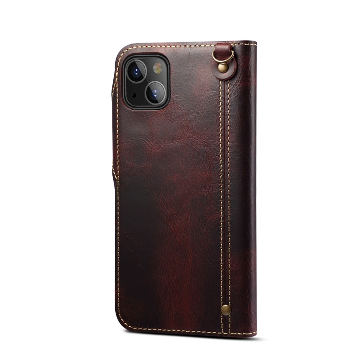 For iPhone 13 mini Denior Oil Wax Cowhide Magnetic Button Genuine Leather Case(Dark Red) - iPhone 13 mini Cases by Denior | Online Shopping UK | buy2fix