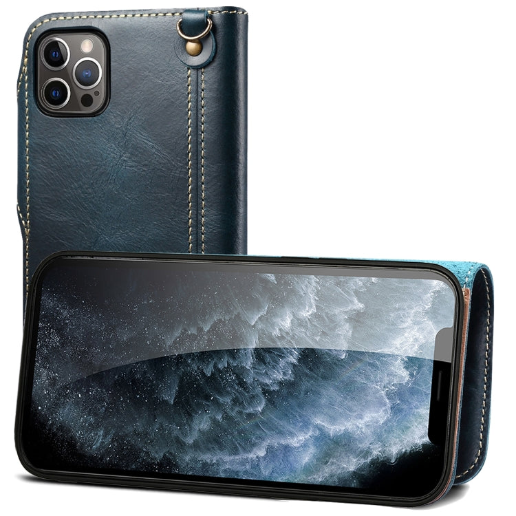 For iPhone 12 Pro Max Denior Oil Wax Cowhide Magnetic Button Genuine Leather Case(Dark Blue) - iPhone 12 Pro Max Cases by Denior | Online Shopping UK | buy2fix