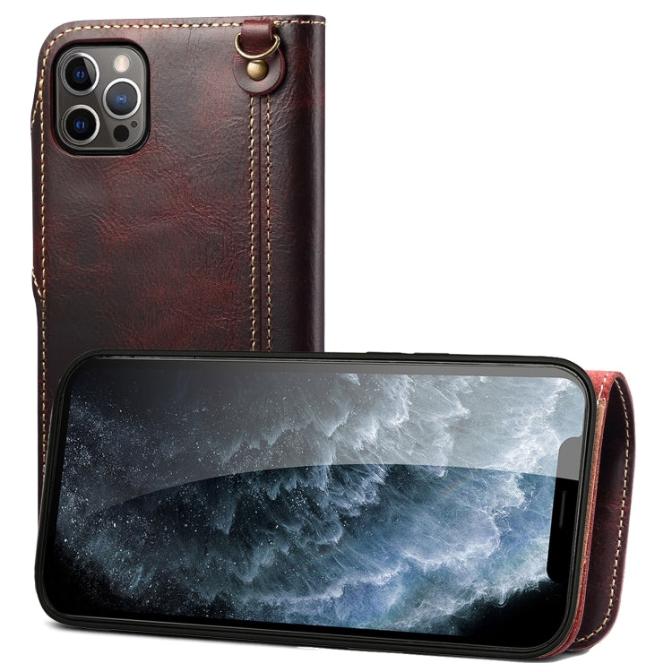 For iPhone 12 Pro Max Denior Oil Wax Cowhide Magnetic Button Genuine Leather Case(Dark Red) - iPhone 12 Pro Max Cases by Denior | Online Shopping UK | buy2fix