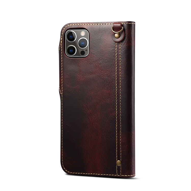 For iPhone 12 Pro Max Denior Oil Wax Cowhide Magnetic Button Genuine Leather Case(Dark Red) - iPhone 12 Pro Max Cases by Denior | Online Shopping UK | buy2fix