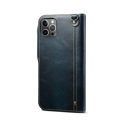For iPhone 12 / 12 Pro Denior Oil Wax Cowhide Magnetic Button Genuine Leather Case(Dark Blue) - iPhone 12 / 12 Pro Cases by Denior | Online Shopping UK | buy2fix