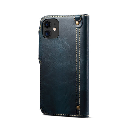 For iPhone 12 mini Denior Oil Wax Cowhide Magnetic Button Genuine Leather Case(Dark Blue) - iPhone 12 mini Cases by Denior | Online Shopping UK | buy2fix