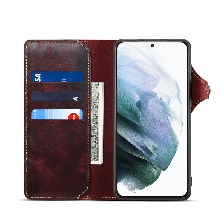 For Samsung Galaxy S21 5G Denior Oil Wax Cowhide Magnetic Button Genuine Leather Case(Dark Red) - Galaxy S21 5G Cases by Denior | Online Shopping UK | buy2fix