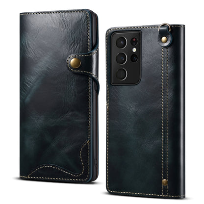 For Samsung Galaxy S21 Ultra 5G Denior Oil Wax Cowhide Magnetic Button Genuine Leather Case(Dark Blue) - Galaxy S21 Ultra 5G Cases by Denior | Online Shopping UK | buy2fix