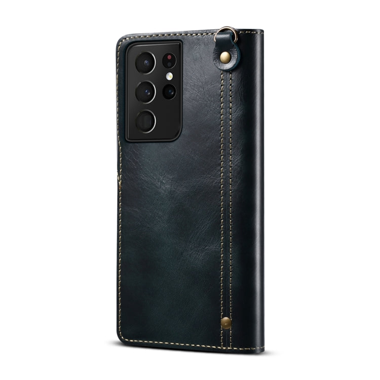 For Samsung Galaxy S21 Ultra 5G Denior Oil Wax Cowhide Magnetic Button Genuine Leather Case(Dark Blue) - Galaxy S21 Ultra 5G Cases by Denior | Online Shopping UK | buy2fix