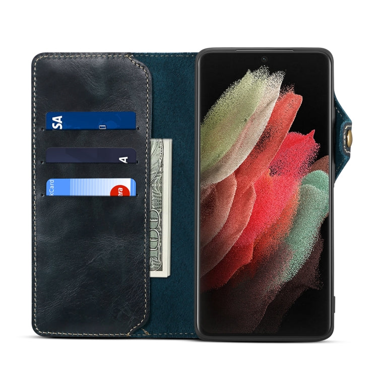 For Samsung Galaxy S21 Ultra 5G Denior Oil Wax Cowhide Magnetic Button Genuine Leather Case(Dark Blue) - Galaxy S21 Ultra 5G Cases by Denior | Online Shopping UK | buy2fix