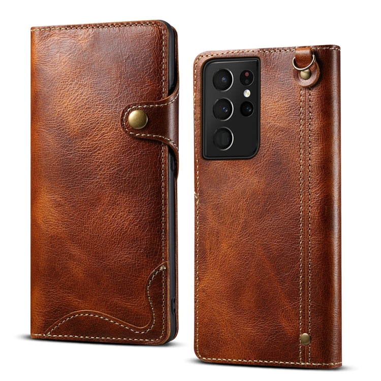 For Samsung Galaxy S21 Ultra 5G Denior Oil Wax Cowhide Magnetic Button Genuine Leather Case(Brown) - Galaxy S21 Ultra 5G Cases by Denior | Online Shopping UK | buy2fix