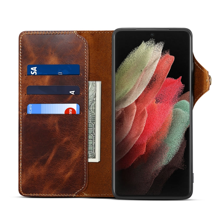 For Samsung Galaxy S21 Ultra 5G Denior Oil Wax Cowhide Magnetic Button Genuine Leather Case(Brown) - Galaxy S21 Ultra 5G Cases by Denior | Online Shopping UK | buy2fix