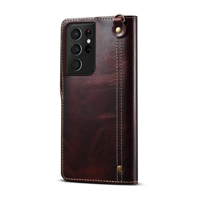 For Samsung Galaxy S21 Ultra 5G Denior Oil Wax Cowhide Magnetic Button Genuine Leather Case(Dark Red) - Galaxy S21 Ultra 5G Cases by Denior | Online Shopping UK | buy2fix