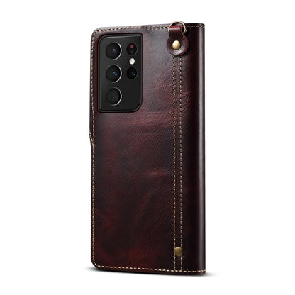 For Samsung Galaxy S21 Ultra 5G Denior Oil Wax Cowhide Magnetic Button Genuine Leather Case(Dark Red) - Galaxy S21 Ultra 5G Cases by Denior | Online Shopping UK | buy2fix