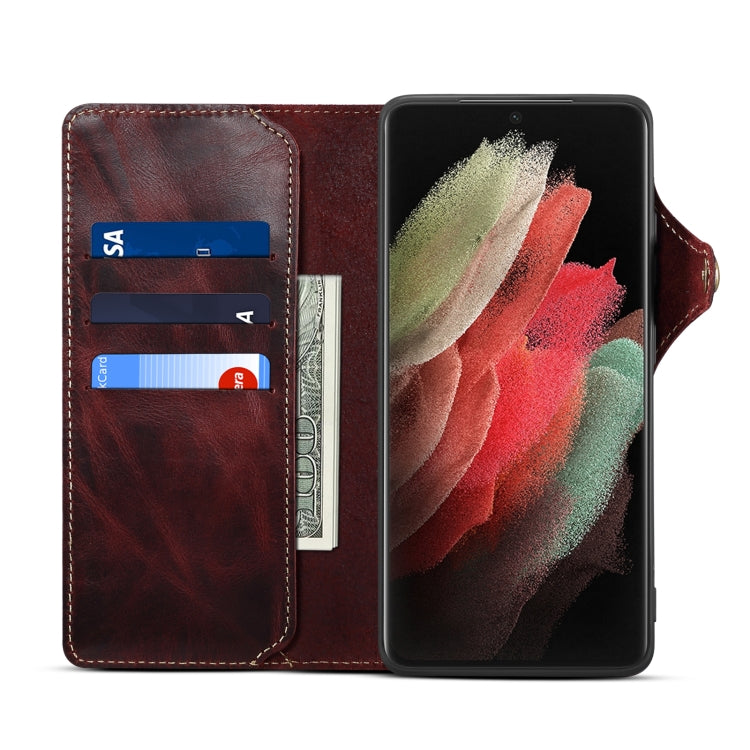 For Samsung Galaxy S21 Ultra 5G Denior Oil Wax Cowhide Magnetic Button Genuine Leather Case(Dark Red) - Galaxy S21 Ultra 5G Cases by Denior | Online Shopping UK | buy2fix