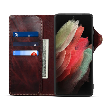 For Samsung Galaxy S21 Ultra 5G Denior Oil Wax Cowhide Magnetic Button Genuine Leather Case(Dark Red) - Galaxy S21 Ultra 5G Cases by Denior | Online Shopping UK | buy2fix