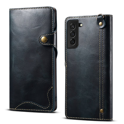 For Samsung Galaxy S22 5G Denior Oil Wax Cowhide Magnetic Button Genuine Leather Case(Dark Blue) - Galaxy S22 5G Cases by Denior | Online Shopping UK | buy2fix