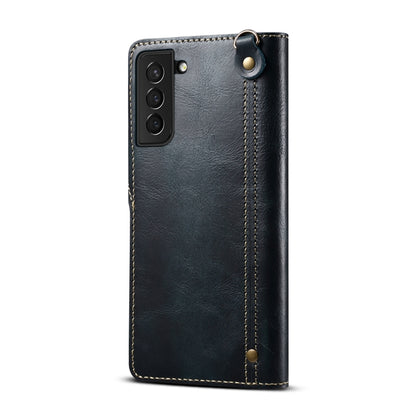 For Samsung Galaxy S22 5G Denior Oil Wax Cowhide Magnetic Button Genuine Leather Case(Dark Blue) - Galaxy S22 5G Cases by Denior | Online Shopping UK | buy2fix