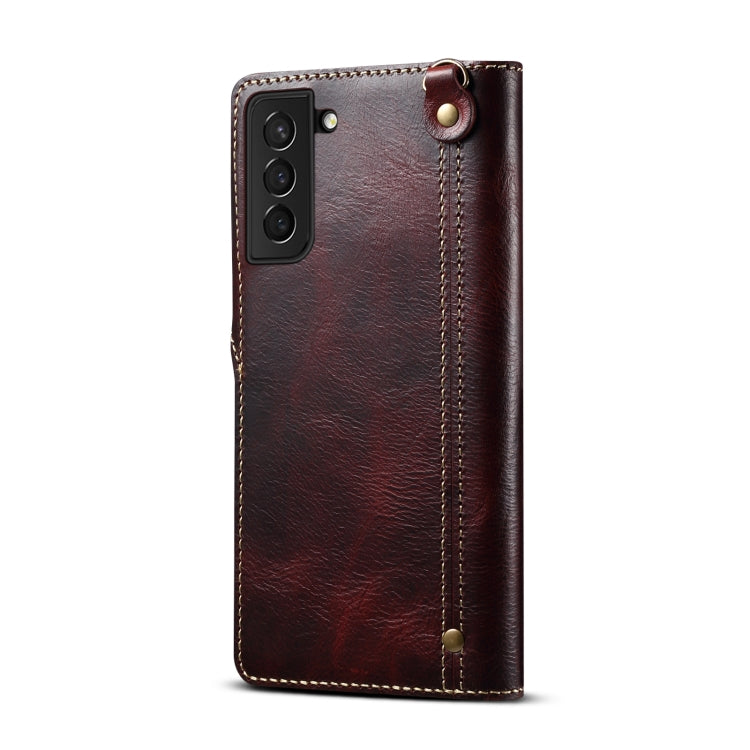 For Samsung Galaxy S22 5G Denior Oil Wax Cowhide Magnetic Button Genuine Leather Case(Dark Red) - Galaxy S22 5G Cases by Denior | Online Shopping UK | buy2fix