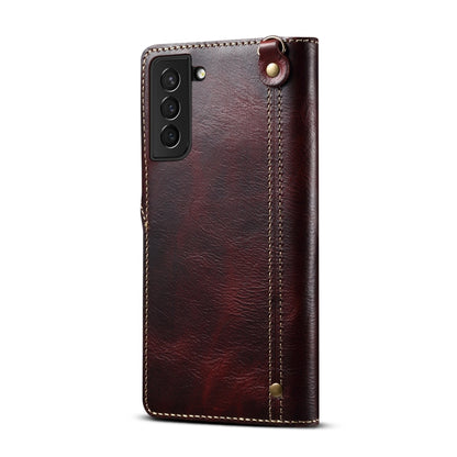 For Samsung Galaxy S22 5G Denior Oil Wax Cowhide Magnetic Button Genuine Leather Case(Dark Red) - Galaxy S22 5G Cases by Denior | Online Shopping UK | buy2fix