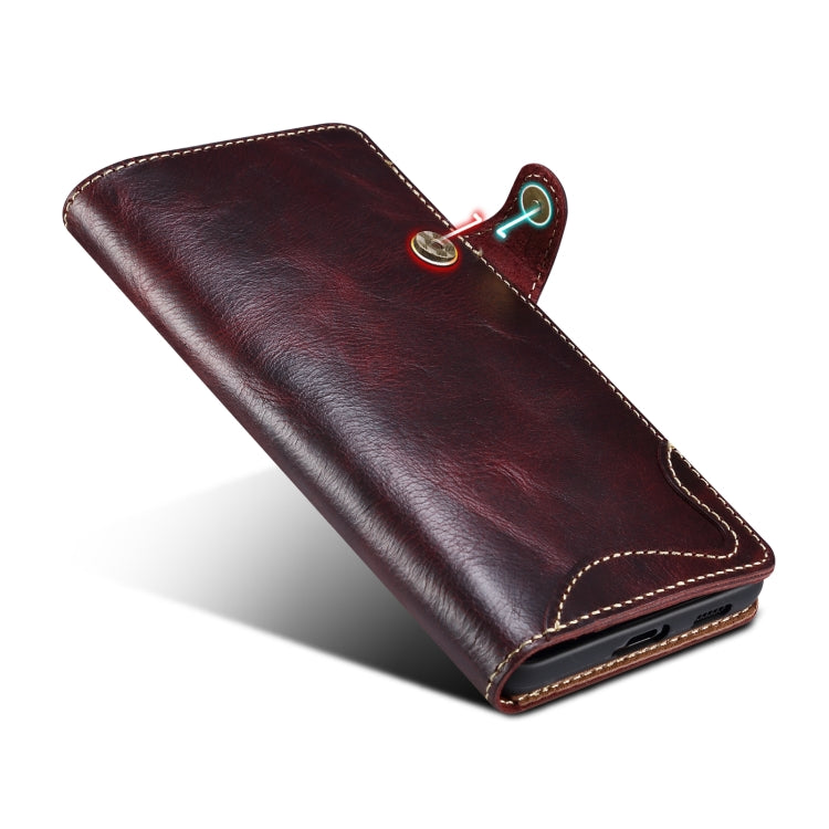 For Samsung Galaxy S22 5G Denior Oil Wax Cowhide Magnetic Button Genuine Leather Case(Dark Red) - Galaxy S22 5G Cases by Denior | Online Shopping UK | buy2fix