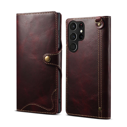 For Samsung Galaxy S22 Ultra 5G Denior Oil Wax Cowhide Magnetic Button Genuine Leather Case(Dark Red) - Galaxy S22 Ultra 5G Cases by Denior | Online Shopping UK | buy2fix