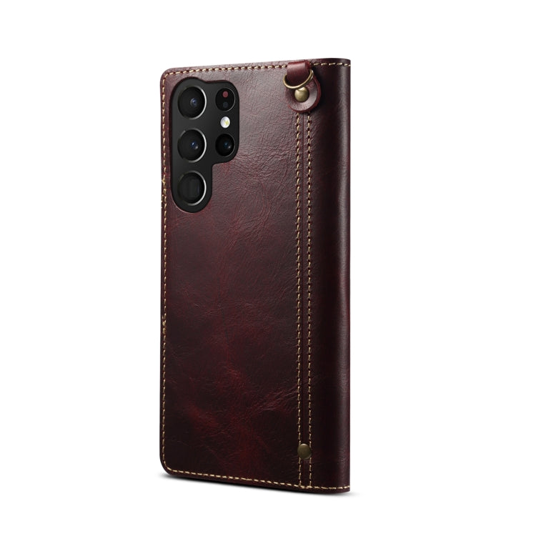 For Samsung Galaxy S22 Ultra 5G Denior Oil Wax Cowhide Magnetic Button Genuine Leather Case(Dark Red) - Galaxy S22 Ultra 5G Cases by Denior | Online Shopping UK | buy2fix