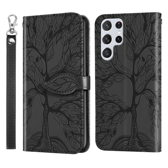 For Samsung Galaxy S23 Ultra 5G Life Tree Embossing Pattern Leather Phone Case(Black)