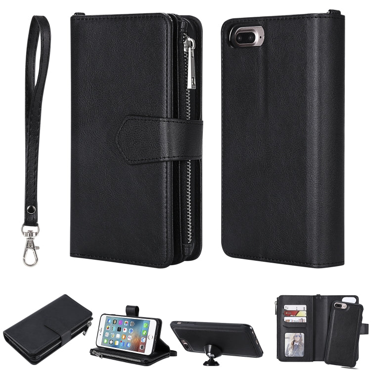 For iPhone 7 Plus / 8 Plus 2 in 1 Solid Color Zipper Shockproof Protective Case with Card Slots & Bracket & Photo Holder & Wallet Function(Black) - More iPhone Cases by buy2fix | Online Shopping UK | buy2fix