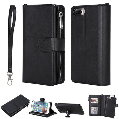 For iPhone 7 Plus / 8 Plus 2 in 1 Solid Color Zipper Shockproof Protective Case with Card Slots & Bracket & Photo Holder & Wallet Function(Black) - More iPhone Cases by buy2fix | Online Shopping UK | buy2fix
