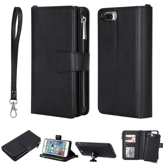 For iPhone 7 Plus / 8 Plus 2 in 1 Solid Color Zipper Shockproof Protective Case with Card Slots & Bracket & Photo Holder & Wallet Function(Black) - More iPhone Cases by buy2fix | Online Shopping UK | buy2fix