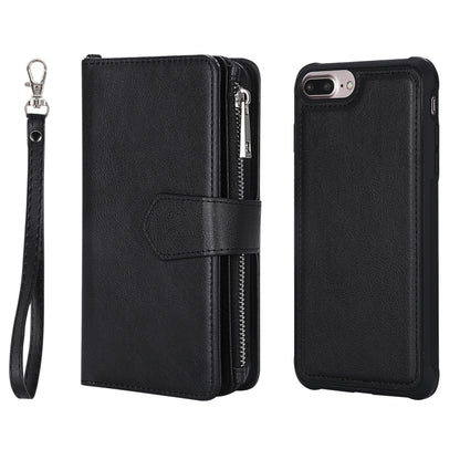 For iPhone 7 Plus / 8 Plus 2 in 1 Solid Color Zipper Shockproof Protective Case with Card Slots & Bracket & Photo Holder & Wallet Function(Black) - More iPhone Cases by buy2fix | Online Shopping UK | buy2fix