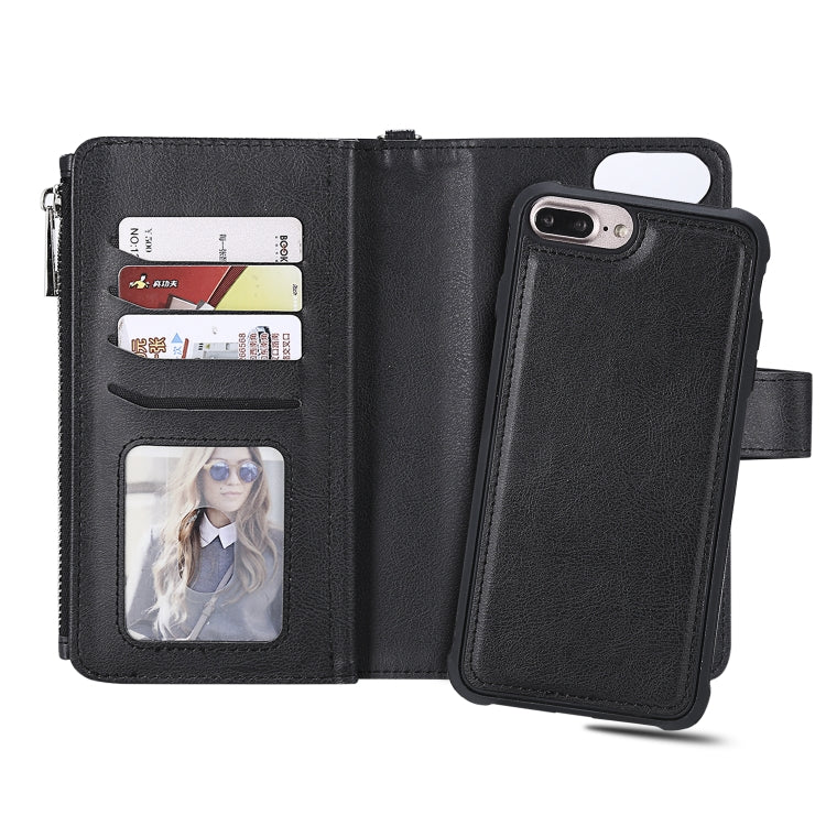 For iPhone 7 Plus / 8 Plus 2 in 1 Solid Color Zipper Shockproof Protective Case with Card Slots & Bracket & Photo Holder & Wallet Function(Black) - More iPhone Cases by buy2fix | Online Shopping UK | buy2fix