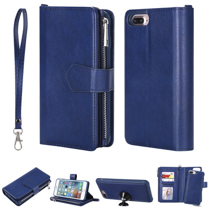 For iPhone 7 Plus / 8 Plus 2 in 1 Solid Color Zipper Shockproof Protective Case with Card Slots & Bracket & Photo Holder & Wallet Function(Blue) - More iPhone Cases by buy2fix | Online Shopping UK | buy2fix